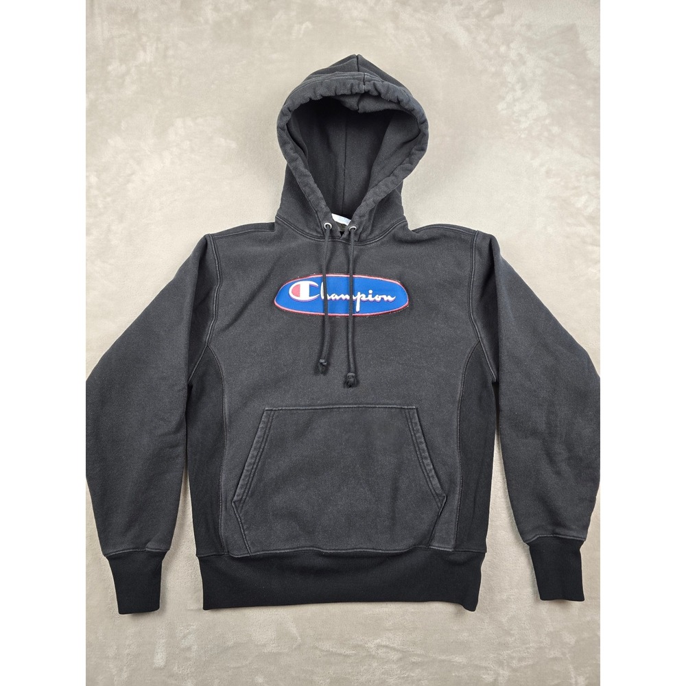 Champion Reverse Weave Hoodie Men M Black Oval Logo Heavyweight Sweatshirt *Read